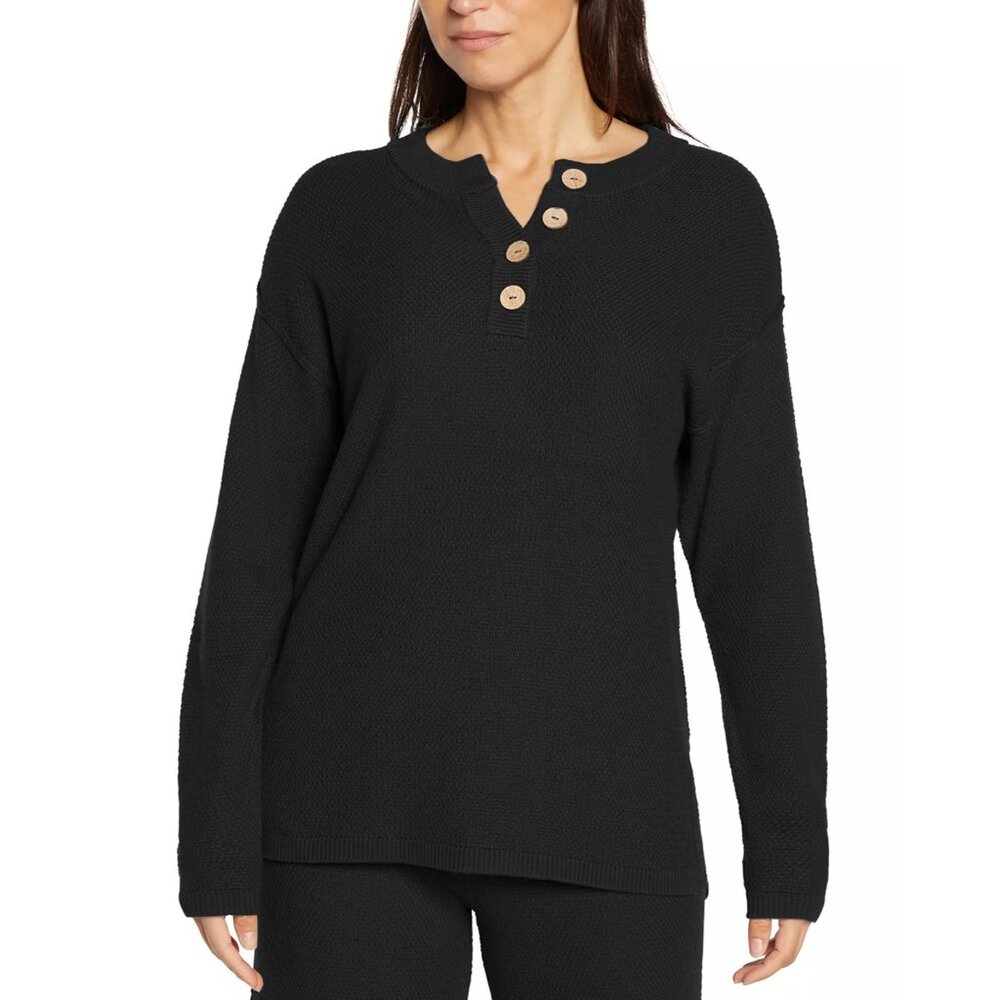 Three Dots Womens Long Sleeves Front Button Parma Henley Top Black Size S NWT